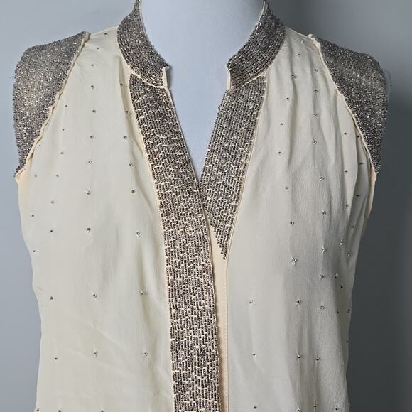 Aryn K. Cream SILK Beaded Hidden-Button-Front Top Size Large L Sleeveless - Picture 2 of 10